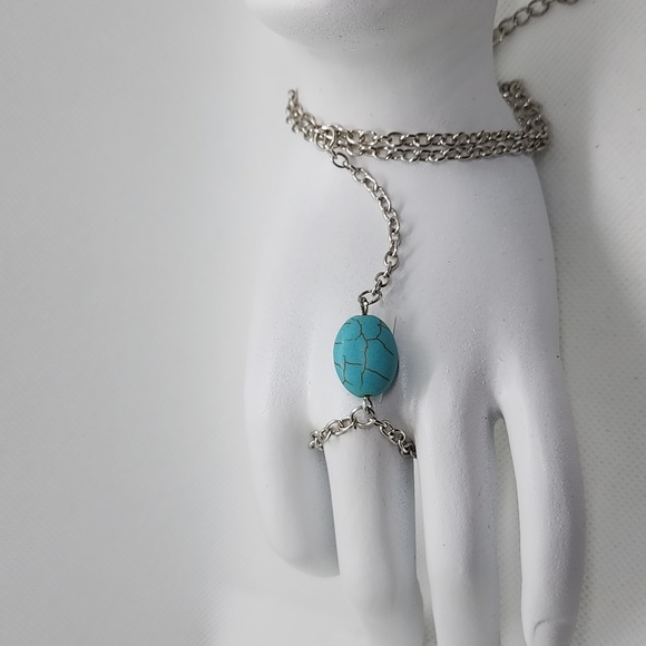 Boho Retro Celebrity Turquoise Slave Chain Ring Bracelet Hand Harness - Picture 6 of 8